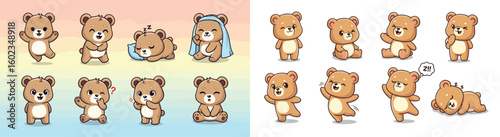 Cartoon bears in various poses and moods. Cute characters, whimsical, playful, animal, illustration.