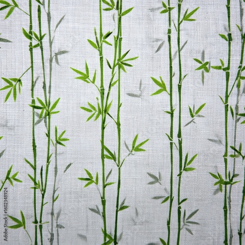 Sheer fabric with a repeating pattern of stylized green bamboo stalks and leaves on a light gray background