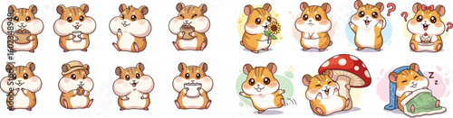 Cute hamsters in various poses, holding coffee, flowers, and sleeping. Cartoon animal, kawaii pet, happy, fun, drawing, illustration