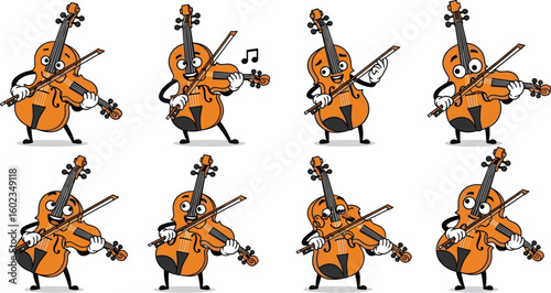 Animated violins play music. Funny cartoon instruments, musical expression, stringed instruments, performance, entertainment, animation, musicians.