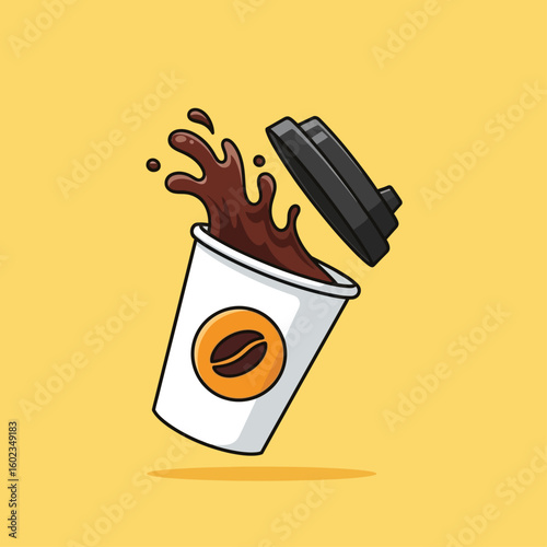 Cartoon illustration of a white coffee cup with a coffee bean logo, spilling dark brown coffee with a black lid floating above.