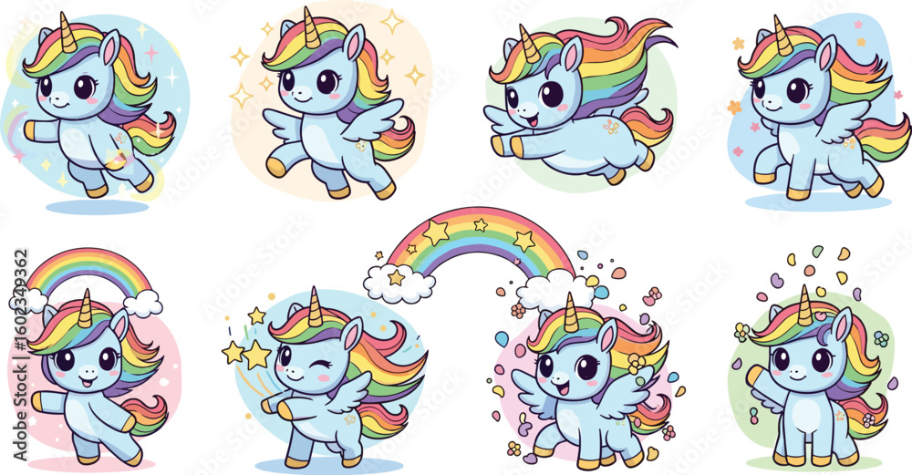 Obraz premium Cute unicorns with rainbows and sparkles. Cartoon fantasy, magic, happy, colorful, vector.