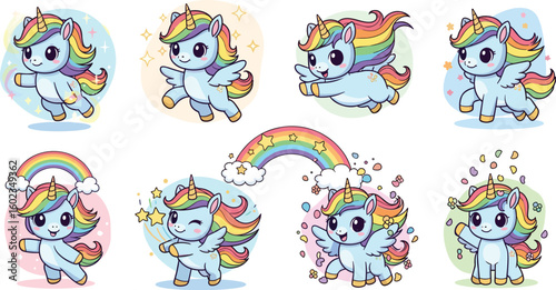 Cute unicorns with rainbows and sparkles. Cartoon fantasy, magic, happy, colorful, vector.