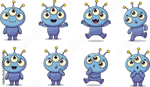 Cartoon alien characters pose in various actions. Extraterrestrial, cute, playful, fun, humor, cosmic, space, mascot, graphic, fantasy, children, design.