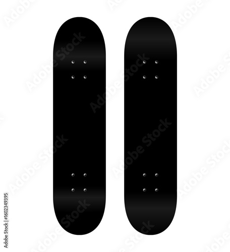 Skateboard deck shape, black graphic illustration. Skateboarding board, urban sport equipment blank design, vector mockup. Skateboard surface blank, fun teenage activity, freestyle flip, jumping