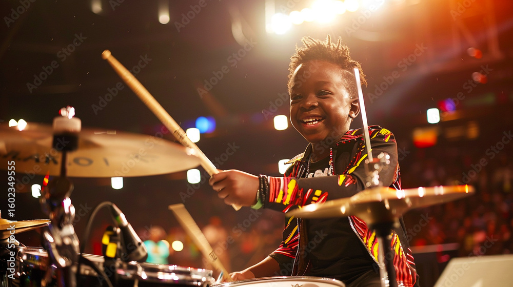 Fototapeta premium Image of a boy cheerfully playing drums on a large stage.