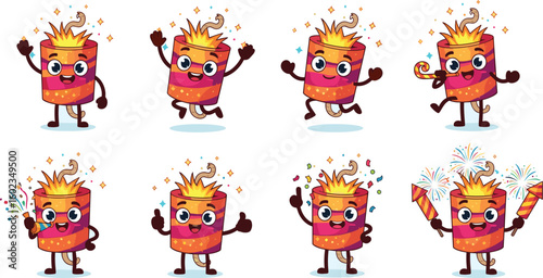 Cartoon firecrackers celebrate with fun poses. New Year's, party, holiday, celebration, festive, decoration, graphic, design, character