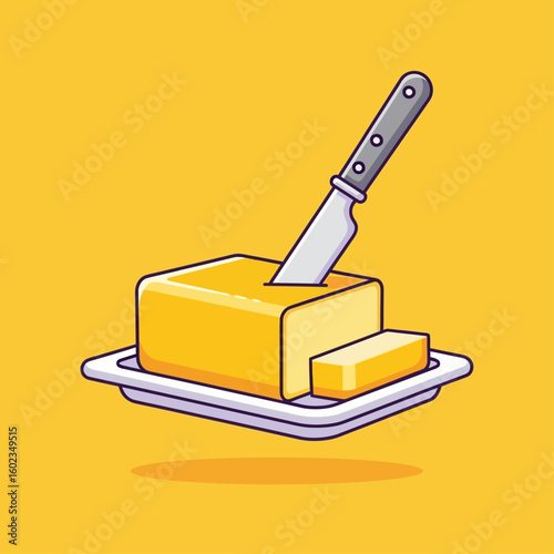 Cartoon illustration of a pat of butter on a plate with a knife stuck into it, against a yellow background.