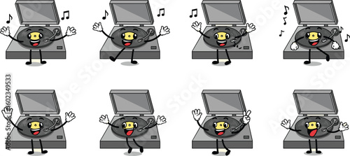 Animated record players groove to the music. Retro, vintage, fun, musical, dj, audio, hipster, cartoon, character, illustration, art