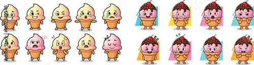 Cartoon ice cream cones display different emotions. Dessert characters show happy, sad, angry faces. Sweet treat, expression, food design, vector art