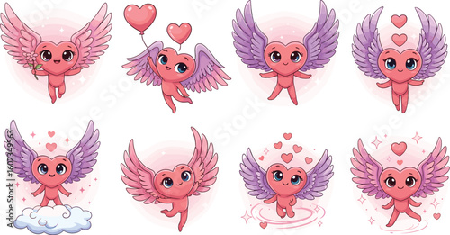 Cute heart angels fly with pink wings. Love, valentine, heart, cupid, cartoon, kawaii, adorable, characters, romance