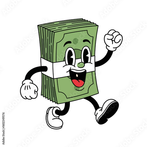 Cartoon stack of green money with a happy face, arms, and legs, walking and raising a fist in celebration.
