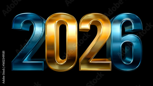 Striking 3D design of 2026 with distressed metallic texture in gold and blue tones on a dark background, perfect for bold and futuristic New Year visuals.