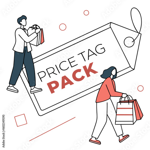 Shopping spree illustration featuring two people carrying shopping bags around a large price tag with the words price tag pack