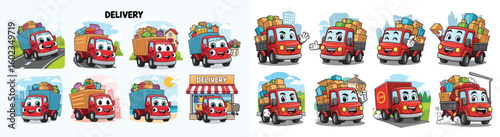Cartoon delivery trucks transport packages. Delivery service, shipping, transportation, logistics, retail, business.