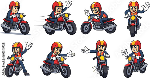 Motorcyclist riding various poses on motorcycle. Cartoon character, biker, transportation, vehicle, fun, helmet, safety, adventure, riding, lifestyle