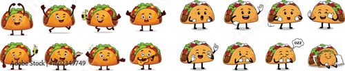 Cartoon tacos with funny expressions. Food mascot, cute characters, humor, fast food, Mexican food, cuisine, animation, restaurant, taco.