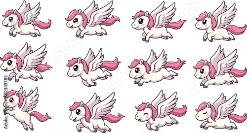 Cute Pegasus flies happily, fantasy animation sprites. Cartoon pony, fairytale, mythology, winged horse, magic creature, character design, vector illustration.