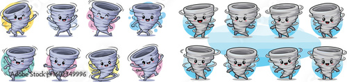 Cartoon tornadoes wave and dance. Cute weather, whimsical, climate, nature, storm, wind.