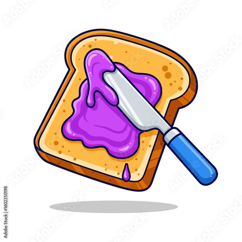 Cartoon illustration of a slice of toast being spread with purple jam using a silver knife with a blue handle.