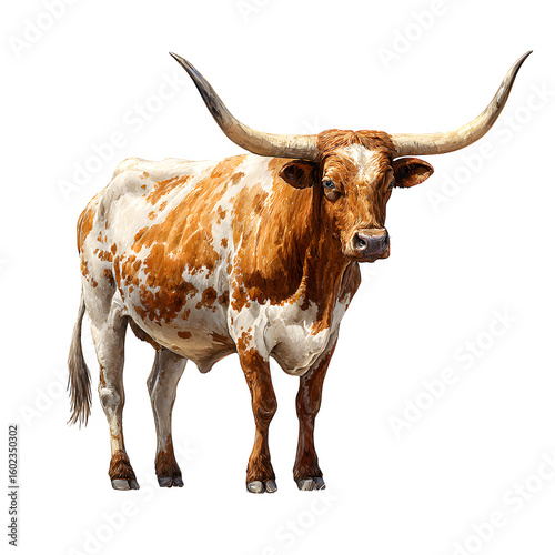 Texas Longhorn cattle with large curved horns and  side profile and strong frame and  ranch realism and  isolated white background Batch  realistic clean bright simple modern stock image isolated on p