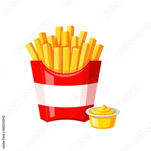 Cartoon illustration of french fries in a red and white striped container, with a small bowl of yellow dipping sauce.