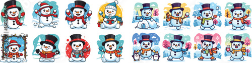 Collection of cute snowman illustrations. Winter holiday, cartoon, christmas, seasonal, vector art, character design, cheerful, whimsical, snow, xmas, happy