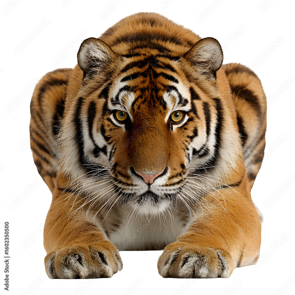 Fototapeta premium Tiger crouched and ready to pounce and hunting mode with focused expression and isolated white background Batch realistic clean bright simple modern stock image isolated on plain background for web