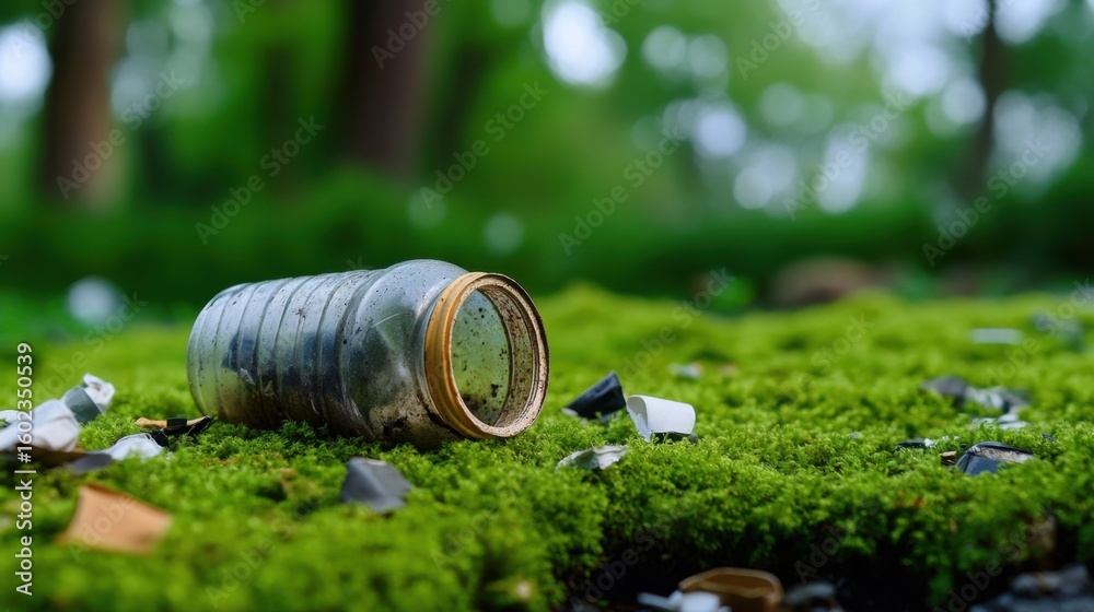 Fototapeta premium Environmental pollution depicted through trash left behind on serene green moss