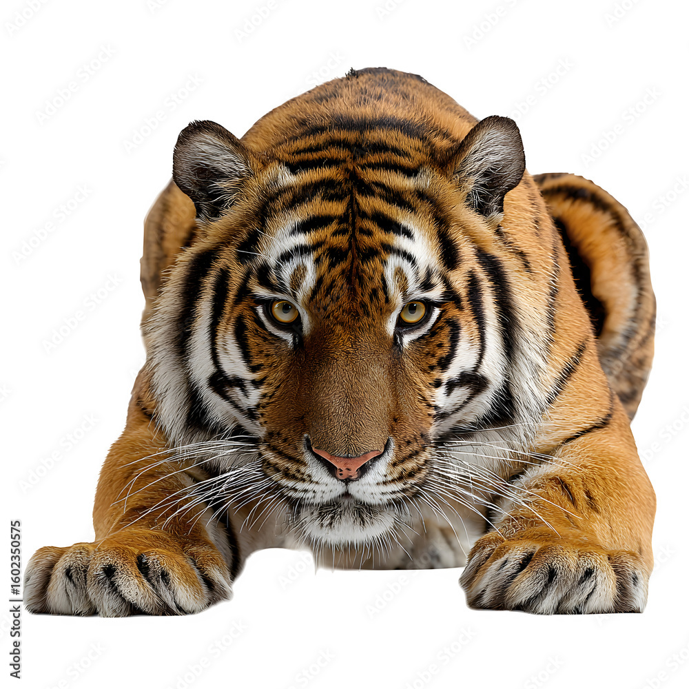 Fototapeta premium Tiger crouched and ready to pounce and hunting mode with focused expression and isolated white background Batch realistic clean bright simple modern stock image isolated on plain background for web