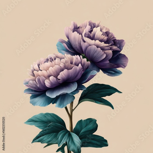 Two lush purple and teal peonies with deep green foliage, artfully rendered against a muted beige background
