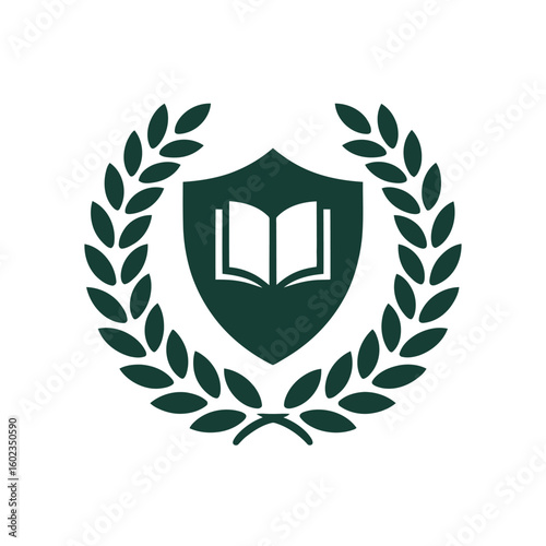 Shield with open book inside laurel wreath emblem for education and achievement