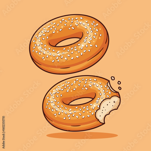 Two sesame seed bagels, one whole and one with a bite taken out, on a solid orange background.