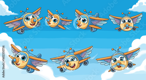 Cartoon planes fly in the blue sky. Aviation, aircraft, transportation, flying, flight, vehicle, travel, fun, cute, sky, clouds, cheerful, wings, kids