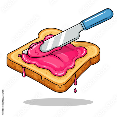 Cartoon illustration of a slice of toast being spread with pink jam or jelly using a knife.