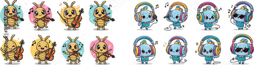 Cute bugs play music instruments and listen to headphones. Cartoon, illustration, music, fun, kawaii, kids, entertainment, melody.