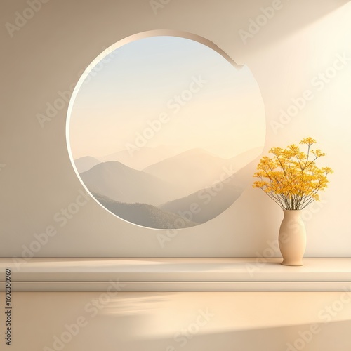 Minimalist room with circular window showcasing a serene mountain vista at dawn, accented by a vase of yellow flowers on a white ledge