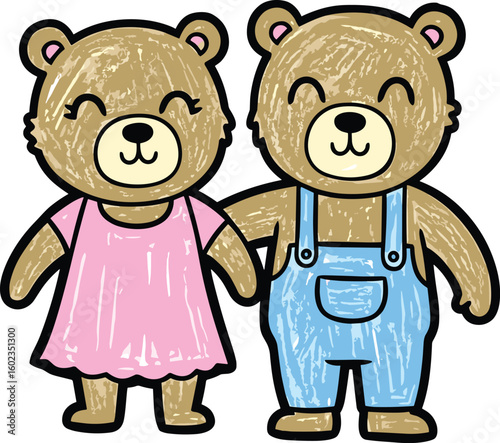 Cute bears hold hands; one in a dress, the other in overalls. Children's illustration, cartoon art, friendship, love, happy couple, adorable