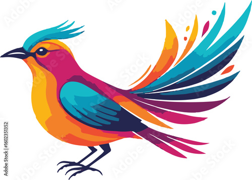 The colorful design features a crest of blue feathers and a decorative tail.
