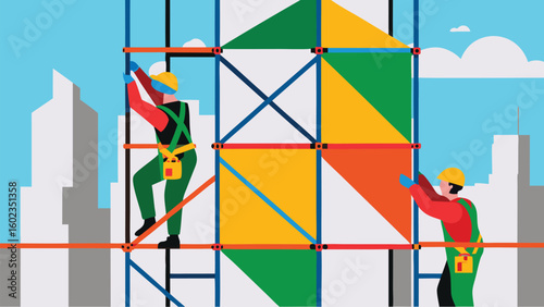 Construction workers on scaffolding installing colorful panels against a cityscape backdrop