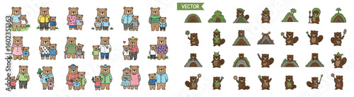 Bears and beavers are drawn in cute cartoon style. Family, nature, woodland, cute, animals