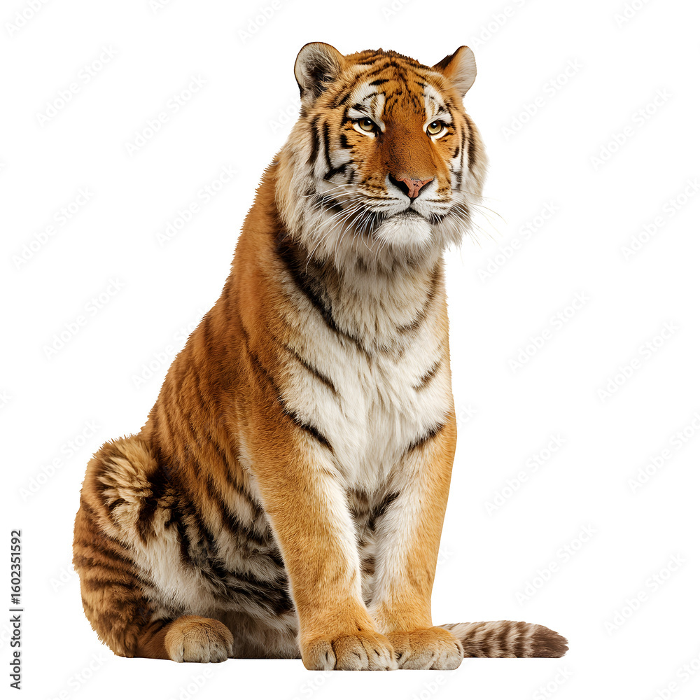 Fototapeta premium Tiger sitting calmly with bright orange fur and soft facial expression and isolated white background Batch realistic clean bright simple modern stock image isolated on plain background for web and p