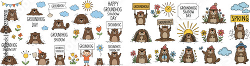Groundhog Day cartoon characters celebrate. Cute animals, hand-drawn, happy spring, celebration, tradition, winter, holiday