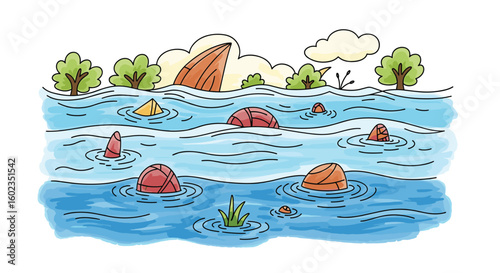 Floating balls in water, illustrated scene. Water sports, hazard, flood, disaster, challenge, competition, sea, lake, river, obstacle, risk, playful, nature.