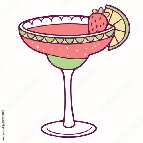 A whimsical pink cocktail decorated with a strawberry and lime slice stands brightly