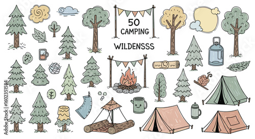 Camping wilderness illustration with tents and trees. Outdoor adventure, nature, summer, recreation, travel