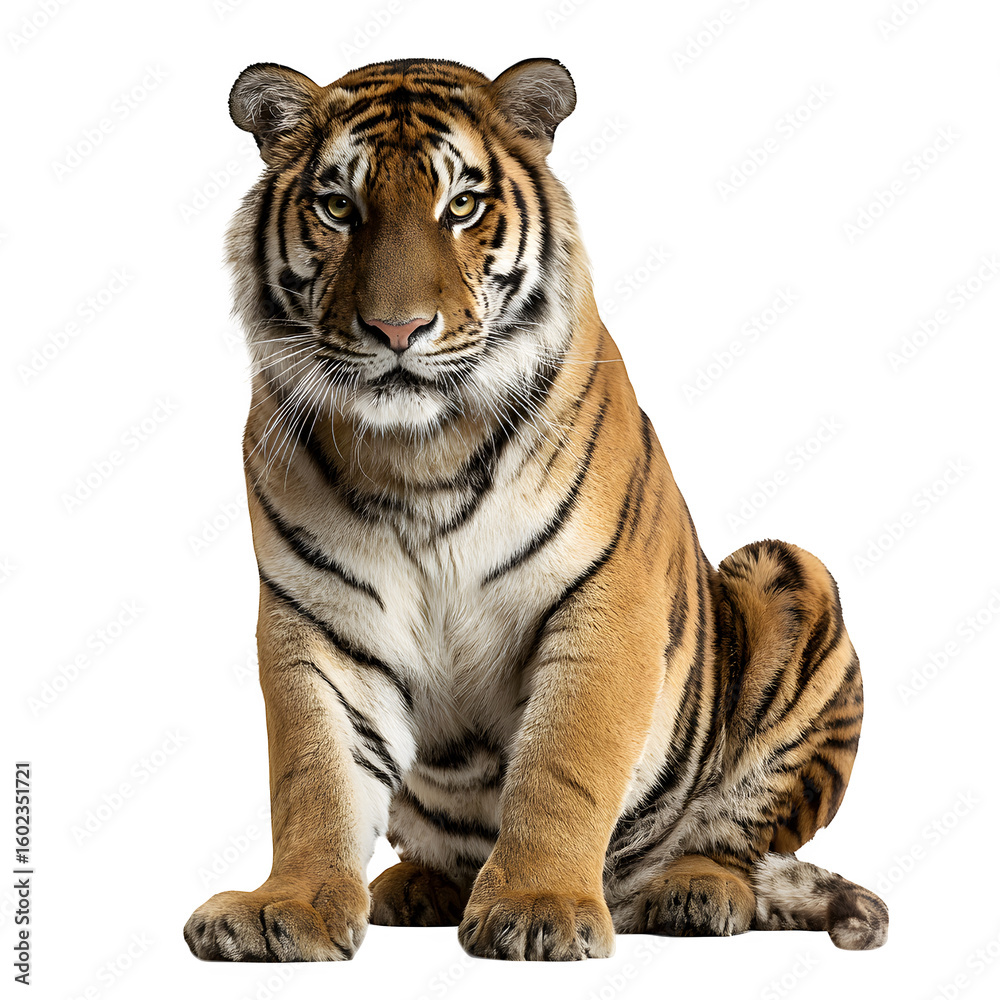 Obraz premium Tiger sitting with intense stare and upright regal posture and clean studio lighting and isolated white background Batch realistic clean bright simple modern stock image isolated on plain backgrou