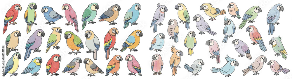 Obraz premium Cute parrots in various colors. Cartoon bird collection, tropical, wildlife, nature, plumage, illustration, drawing, avian, parrot, pet, exotic, animal