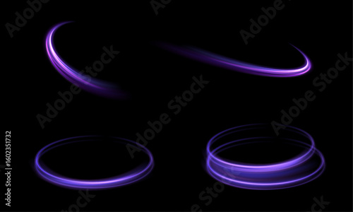 Vector set glowing swirl in a circle, glowing light motion lines, glowing swirl line effect, glowing circular motion trail.