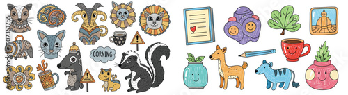 Various cute illustrated animals and objects. Whimsical, playful, hand-drawn, cartoon, fun, positive, colorful, quirky, childish, charming, creative, doodle